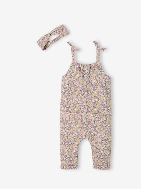 Set jumpsuit en haarband babymeisje van molton groengrijs met print+lichtroze+nachtblauw+wit met print - vertbaudet enfant 