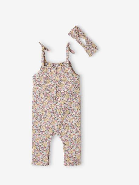 Set jumpsuit en haarband babymeisje van molton groengrijs met print+lichtroze+nachtblauw+wit met print - vertbaudet enfant 