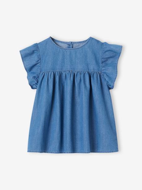 Lichtgewicht denim meisjesblouse met korte mouwen en ruches stone - vertbaudet enfant 