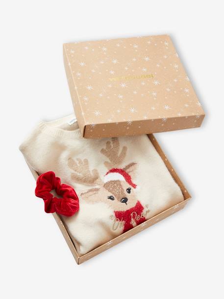 Kerstcadeauverpakking 'Renne' jacquard trui + 2 scrunchies voor meisjes ecru+roze (poederkleur) - vertbaudet enfant 