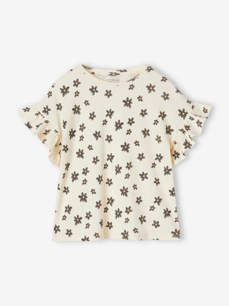 Geribd meisjes-T-shirt met bloemenprint beige+wit, bedrukt - vertbaudet enfant 