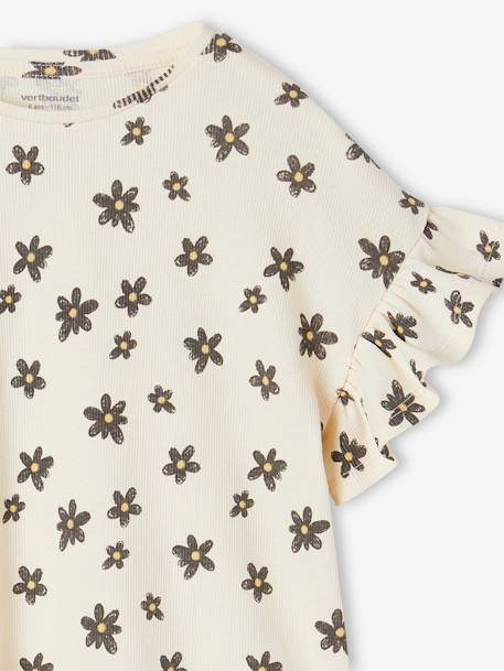 Geribd meisjes-T-shirt met bloemenprint beige+wit, bedrukt - vertbaudet enfant 