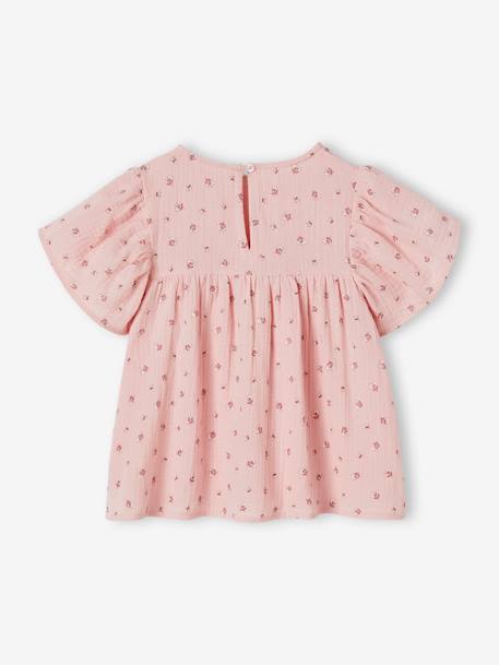 Meisjesblouse met print en vlindermouwen van gaas van biologisch katoen ecru+rozen - vertbaudet enfant 