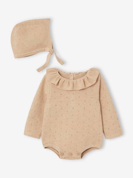 Gebreid kruippakje voor baby's met lange mouwen en kapje gemêleerd beige - vertbaudet enfant 