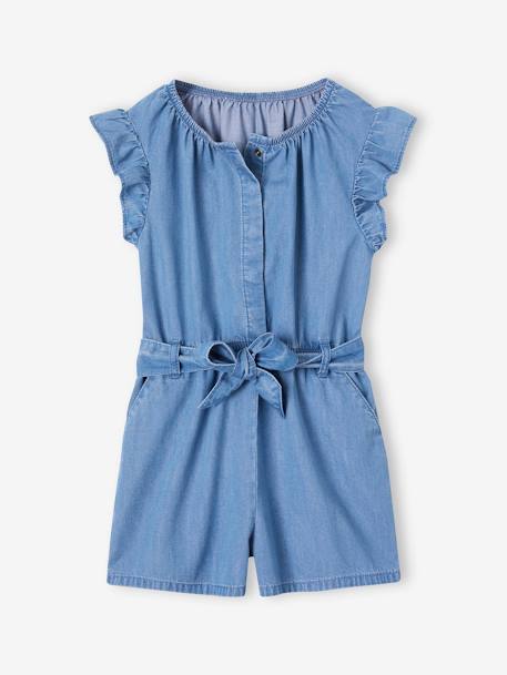 Lichte denim jumpsuit met ruche mouwen voor meisjes stone - vertbaudet enfant 