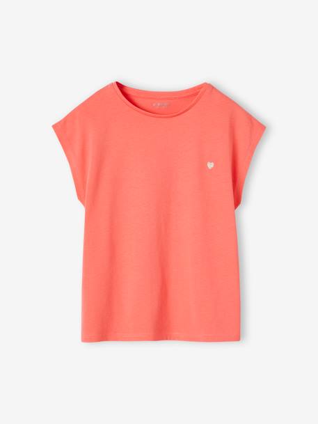 Effen Basics meisjesshirt met korte mouwen ecru+koraal - vertbaudet enfant 