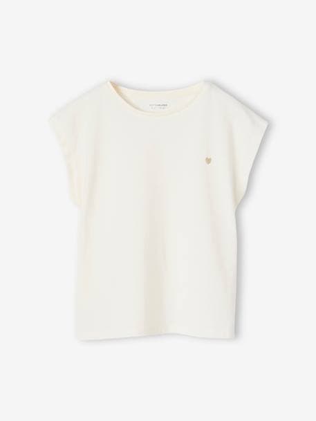 Effen Basics meisjesshirt met korte mouwen ecru+koraal - vertbaudet enfant 