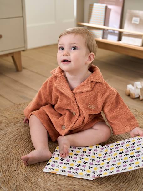 Gepersonaliseerde badjas voor baby's met gerecycled katoenen blouse beige+chambrayblauw+terracotta - vertbaudet enfant 