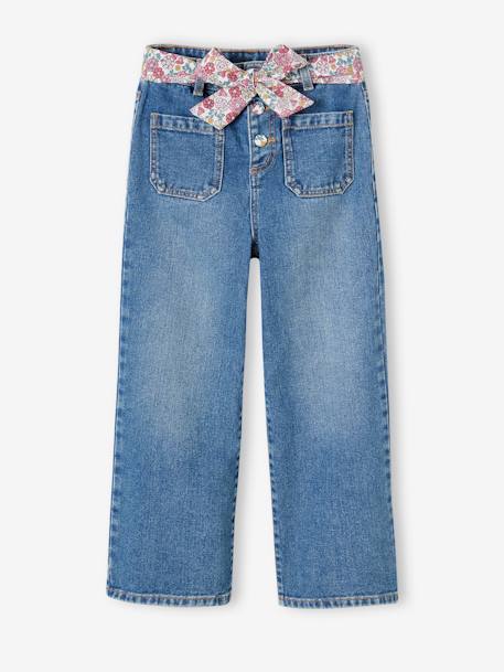 Wijde meisjesjeans met gebloemde riem stone - vertbaudet enfant 