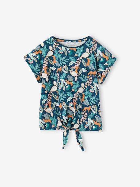 Gestreept T-shirt voor meisjes met sierstrik ecru+groen+kaki+marineblauw+rose paars bedrukt+vanille+wit / rood - vertbaudet enfant 