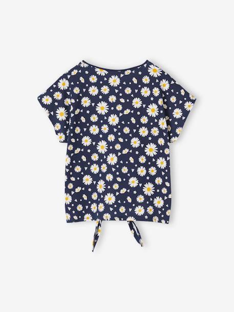 Gestreept T-shirt voor meisjes met sierstrik ecru+kaki+marineblauw+rose paars bedrukt+vanille - vertbaudet enfant 