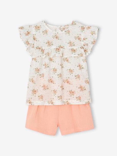 Feestelijk setje voor meisjes blouse met ruches en short van katoengaas blauw, bedrukt+roze, bedrukt - vertbaudet enfant 