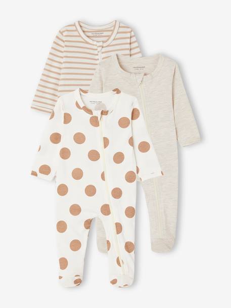 Set van 3 pyjama's van jersey met rits BASICS cappuccino+chambrayblauw - vertbaudet enfant 