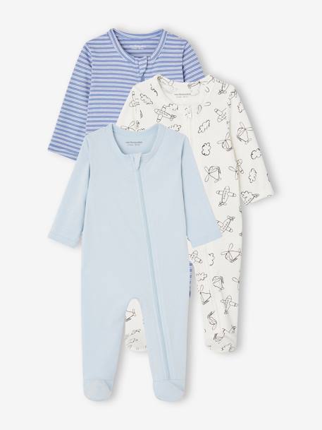 Set van 3 pyjama's van jersey met rits BASICS cappuccino+chambrayblauw - vertbaudet enfant 