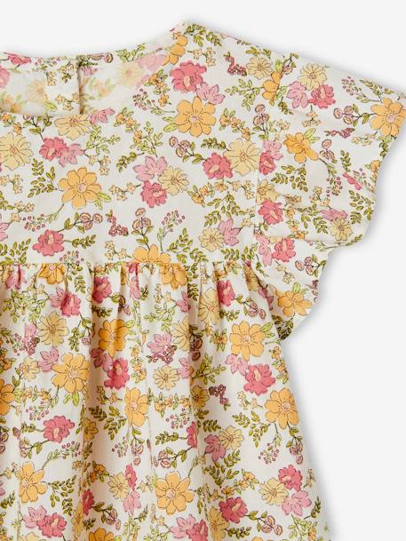 Gebloemde meisjesblouse met korte mouwen en ruches lichtroze+oranje, bedrukt - vertbaudet enfant 