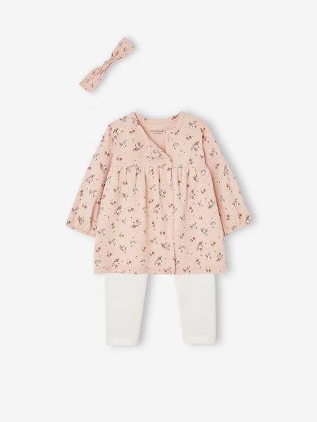 Set pasgeboren baby 3 delen haarband, jurk met motief en legging Nude met print+roze (poederkleur) - vertbaudet enfant 