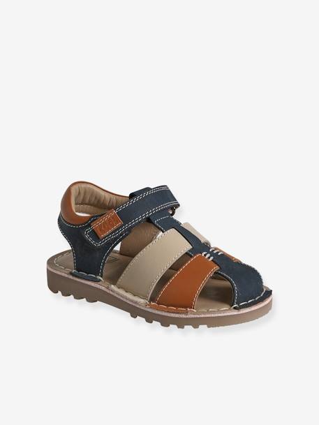 Leren sandalen met klittenband kinderen kleutercollectie beige+veel blauw - vertbaudet enfant 