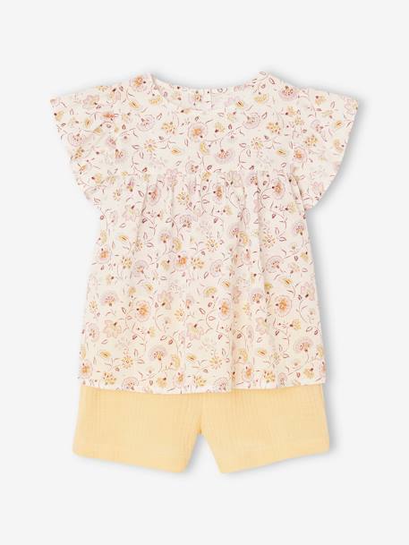 Set blouse met bloemen en short van katoengaas voor meisjes pastelgeel+vanille - vertbaudet enfant 