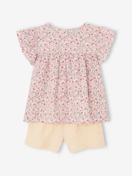 Set blouse met bloemen en short van katoengaas voor meisjes pastelgeel+vanille - vertbaudet enfant 