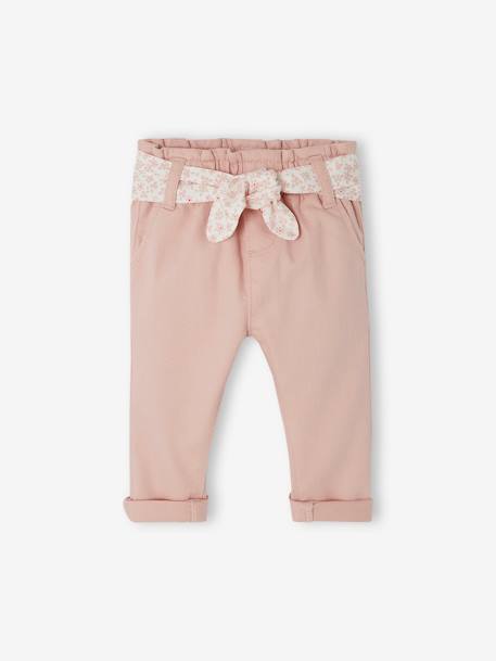 Paperbag babybroek met riem ecru+korstmos+lichtroze - vertbaudet enfant 