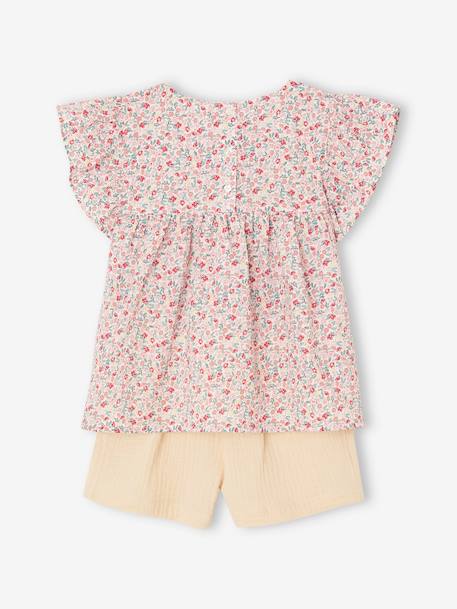 Set blouse met bloemen en short van katoengaas voor meisjes pastelgeel+vanille - vertbaudet enfant 