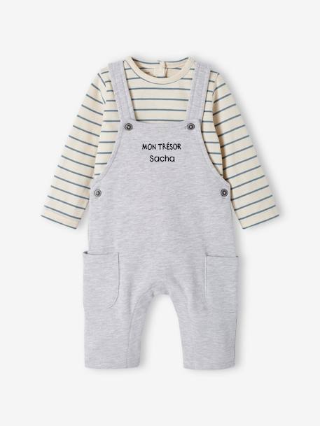 Fleece babyset met te personaliseren T-shirt en tuinbroek gemêleerd grijs+karamel - vertbaudet enfant 