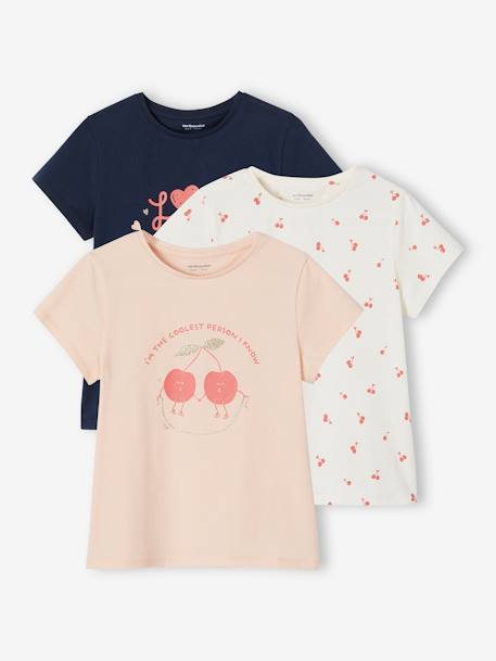 Set van 3 verschillende T-shirts voor meisjes met iriserende details framboos+marineblauw+pastelgeel+saliegroen+set camel+set inktkleur - vertbaudet enfant 