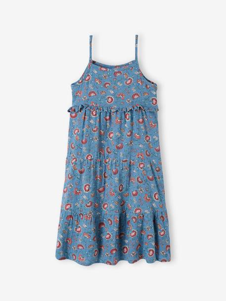 Lange jurk met schouderbandjes van katoengaas meisjes ecru+koraal+oranje, bedrukt+petrolblauw - vertbaudet enfant 