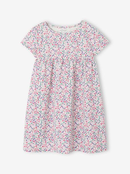 Set jurk + cardigan voor meisje ivoor met print+oceaanblauw - jurk met bloemen+smaragdgroen+zachtpaars - vertbaudet enfant 