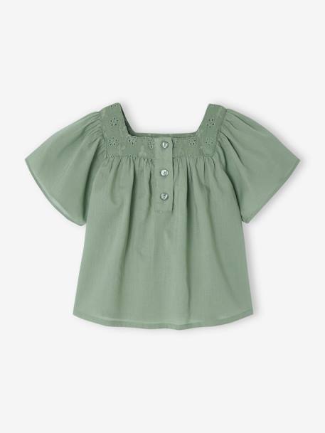 Blouse met vierkante halslijn en Engels borduursel baby's ecru+framboos+saliegroen - vertbaudet enfant 