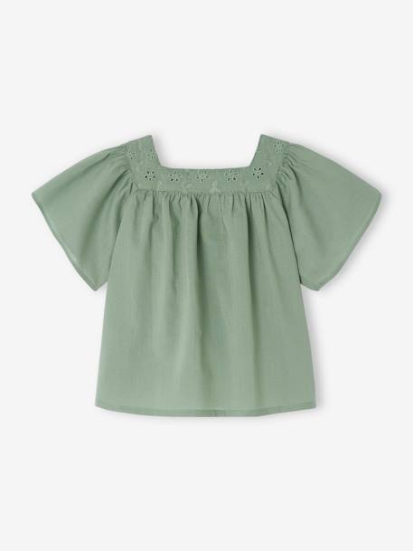 Blouse met vierkante halslijn en Engels borduursel baby's ecru+framboos+saliegroen - vertbaudet enfant 