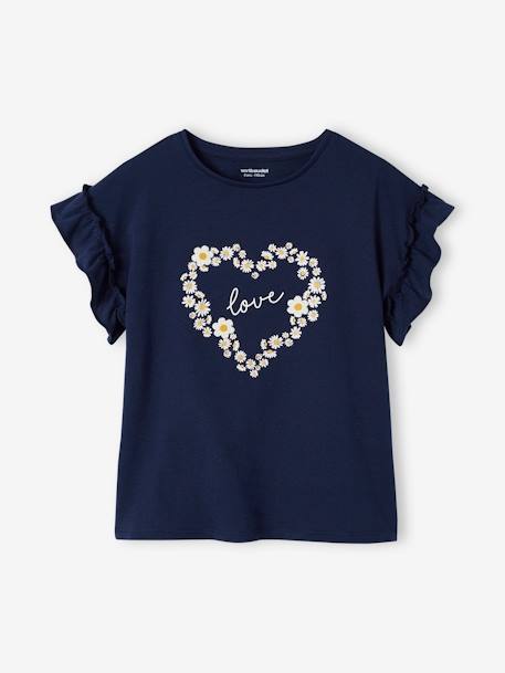 Meisjes-T-shirt met iriserend motief en korte mouwen met ruches ecru+lichtgeel+marineblauw+perzik+zachtpaars - vertbaudet enfant 