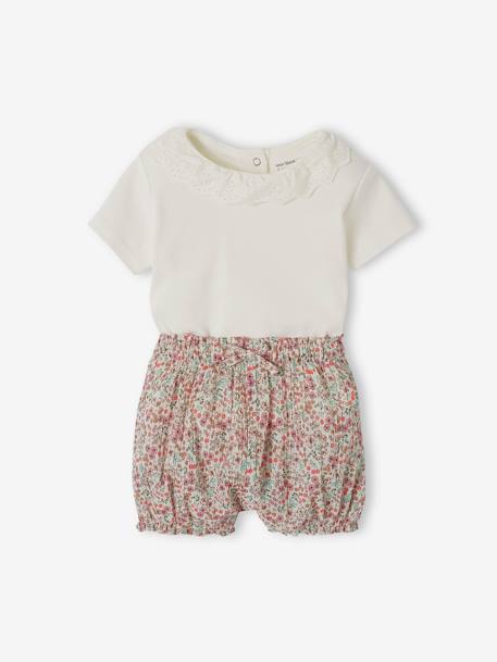 Set T-shirt met kraag en kort broekje met bloemen geboorte ecru - vertbaudet enfant 