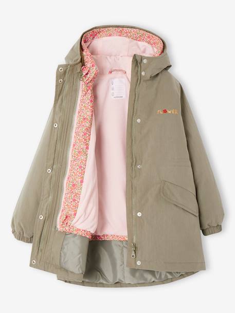 3-in-1 parka met capuchon voor meisjes in het tussenseizoen en uitneembaar windjack kaki+rozen - vertbaudet enfant 