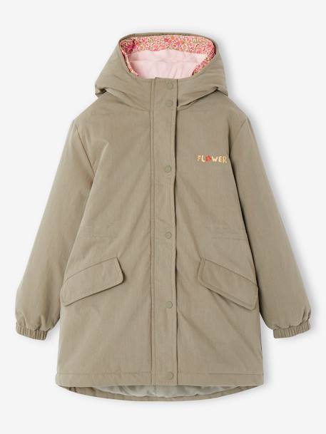 3-in-1 parka met capuchon voor meisjes in het tussenseizoen en uitneembaar windjack kaki+rozen - vertbaudet enfant 