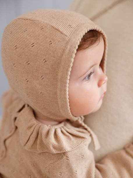 Gebreid kruippakje voor baby's met lange mouwen en kapje gemêleerd beige - vertbaudet enfant 