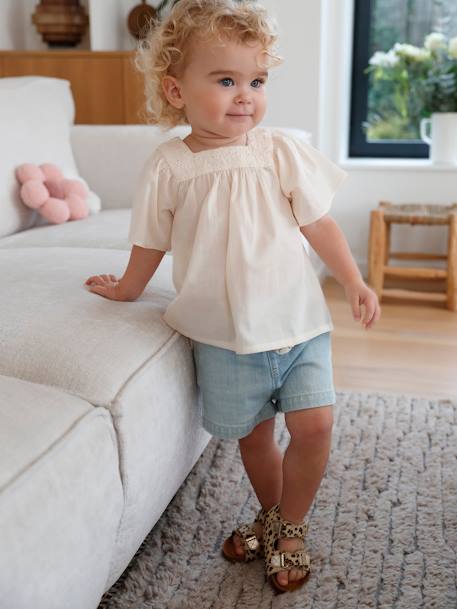 Blouse met vierkante halslijn en Engels borduursel baby's ecru+framboos+saliegroen - vertbaudet enfant 