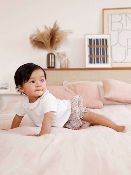 Set T-shirt met kraag en kort broekje met bloemen geboorte ecru - vertbaudet enfant 