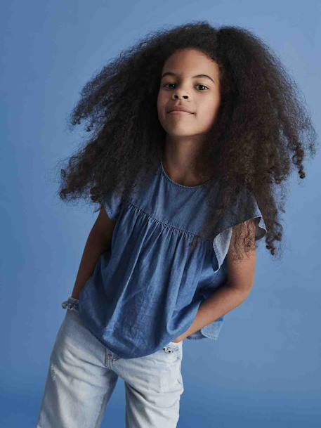 Lichtgewicht denim meisjesblouse met korte mouwen en ruches stone - vertbaudet enfant 