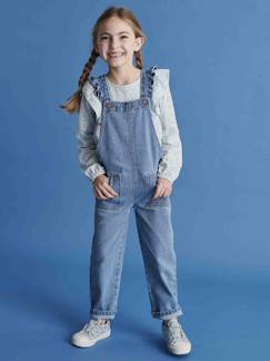 Meisje-Salopet, jumpsuit-Denim meisjestuinbroek met ruches op de bretels