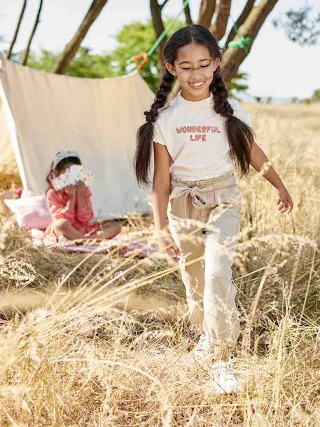 Fantasieshirt met luipaard voor meisjes, korte mouwen en ruches vanille - vertbaudet enfant 