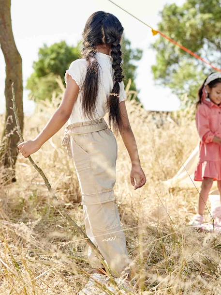 Cargobroek meisjes van soepel materiaal oudroze+zandbeige - vertbaudet enfant 