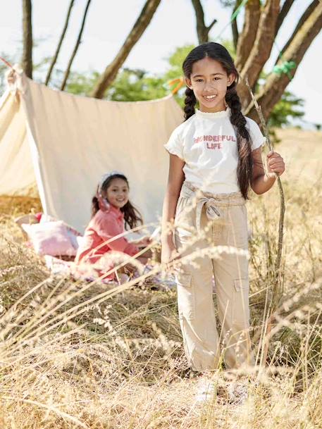 Cargobroek meisjes van soepel materiaal oudroze+zandbeige - vertbaudet enfant 