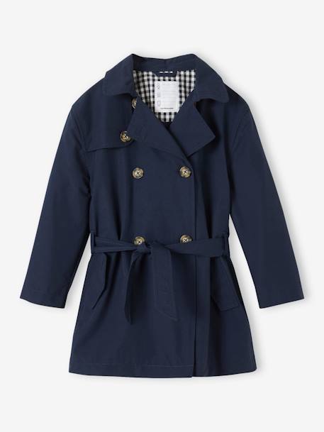 Trench voor meisjes met afneembare capuchon beige+marineblauw - vertbaudet enfant 