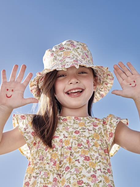 Gebloemde meisjesblouse met korte mouwen en ruches lichtroze+oranje, bedrukt - vertbaudet enfant 