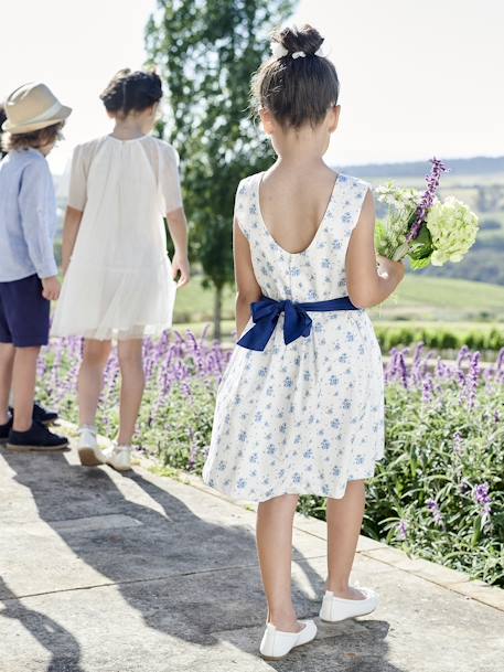 Feestelijke meisjesjurk met aquarel bloemmotieven aan de onderkant blauw, bedrukt+ecru+roze, bedrukt - vertbaudet enfant 