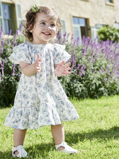 Feestelijke babyjurk met bloemetjes van katoengaas ecru - vertbaudet enfant 