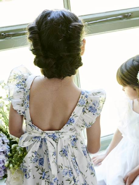 Feestelijke jurk met ruches en bloemmotief blauw, bedrukt+vanille - vertbaudet enfant 