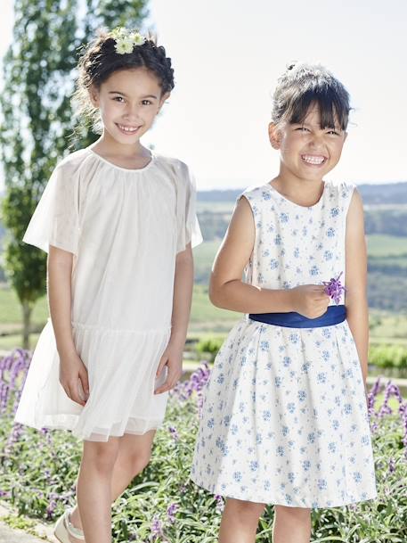 Feestelijke meisjesjurk met aquarel bloemmotieven aan de onderkant blauw, bedrukt+roze, bedrukt - vertbaudet enfant 