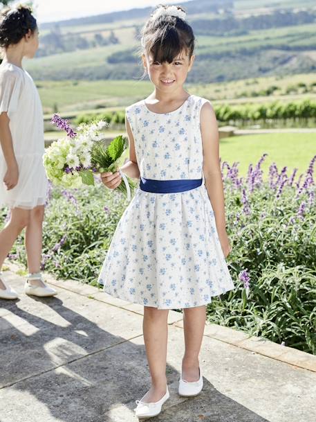 Feestelijke meisjesjurk met aquarel bloemmotieven aan de onderkant blauw, bedrukt+roze, bedrukt - vertbaudet enfant 